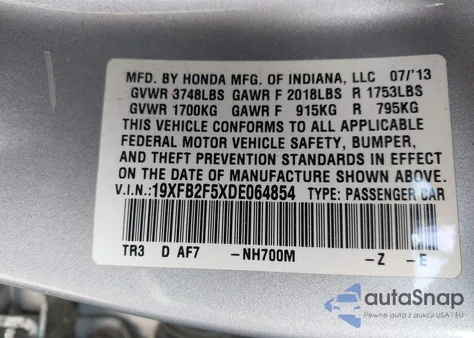 2013 Honda Civic Lx from USA, damaged, VIN 19XFB2F5XDE064854